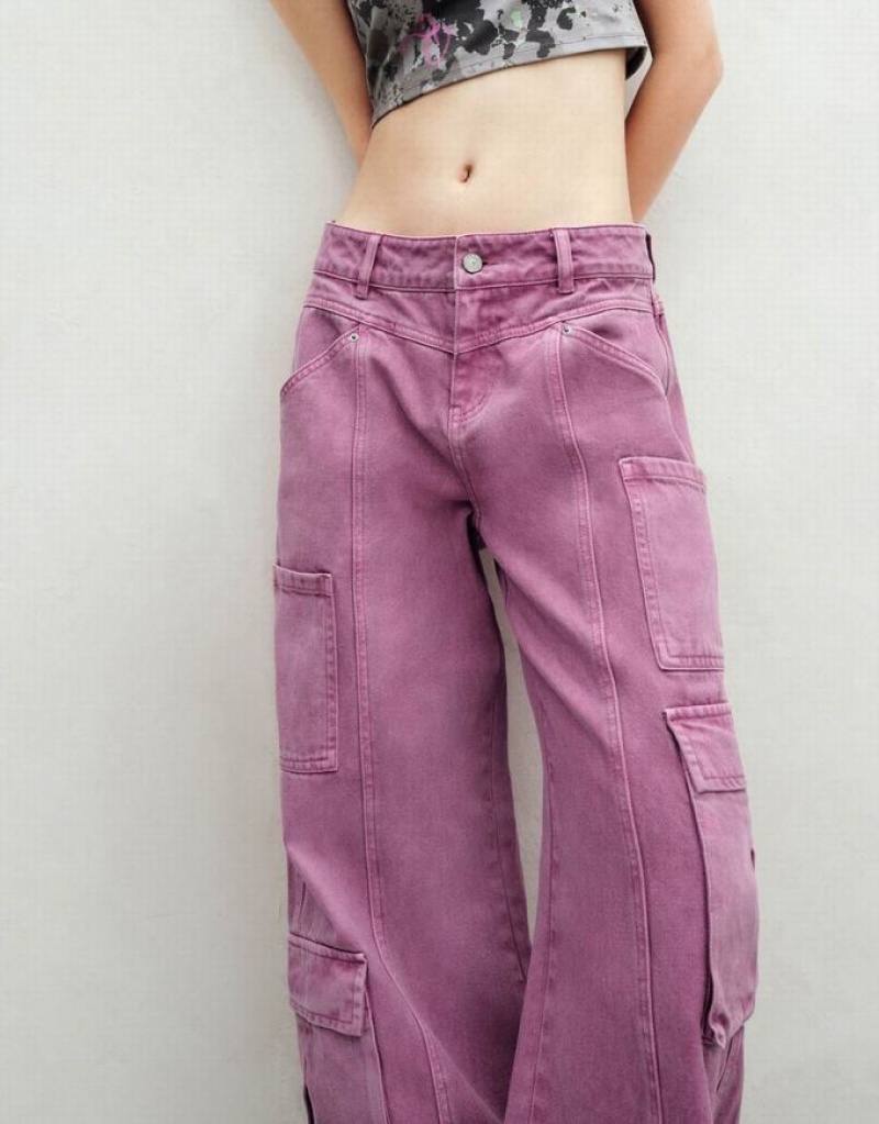 Urban Revivo Straight With Pockets Women's Jeans Purple | QFPNDMT-97