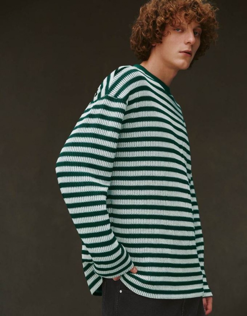 Urban Revivo Striped Sleeve Crew Neck Men's T-Shirts Green | ZEYUROV-43