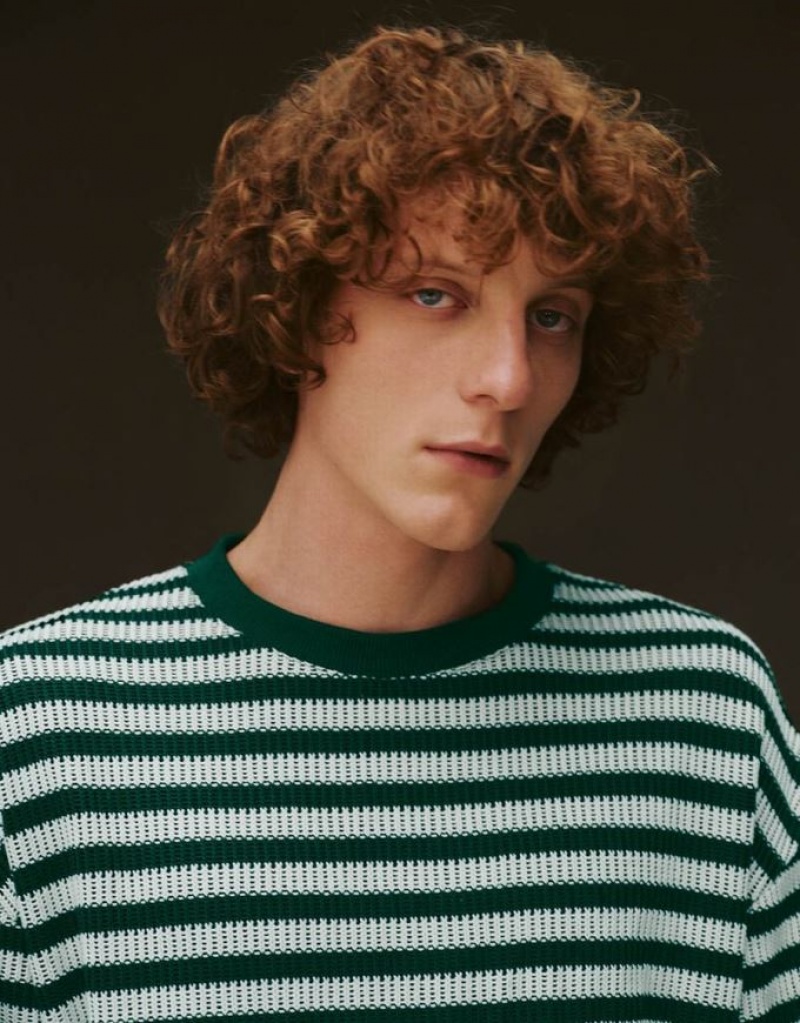 Urban Revivo Striped Sleeve Crew Neck Men's T-Shirts Green | ZEYUROV-43