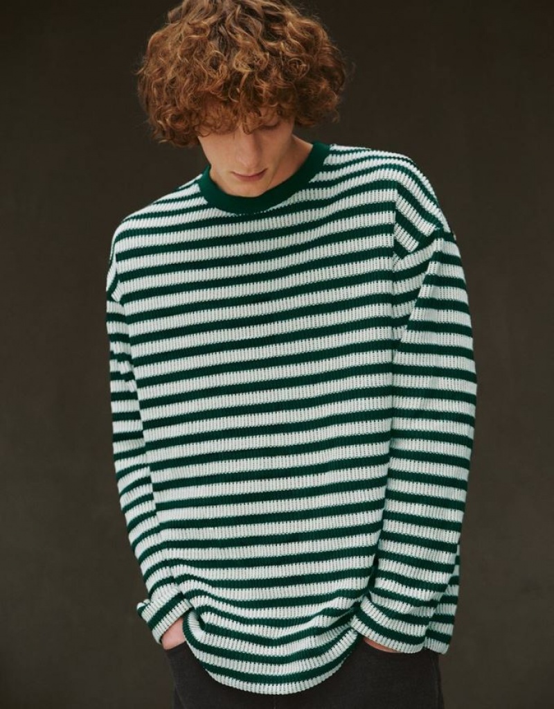 Urban Revivo Striped Sleeve Crew Neck Men\'s T-Shirts Green | ZEYUROV-43