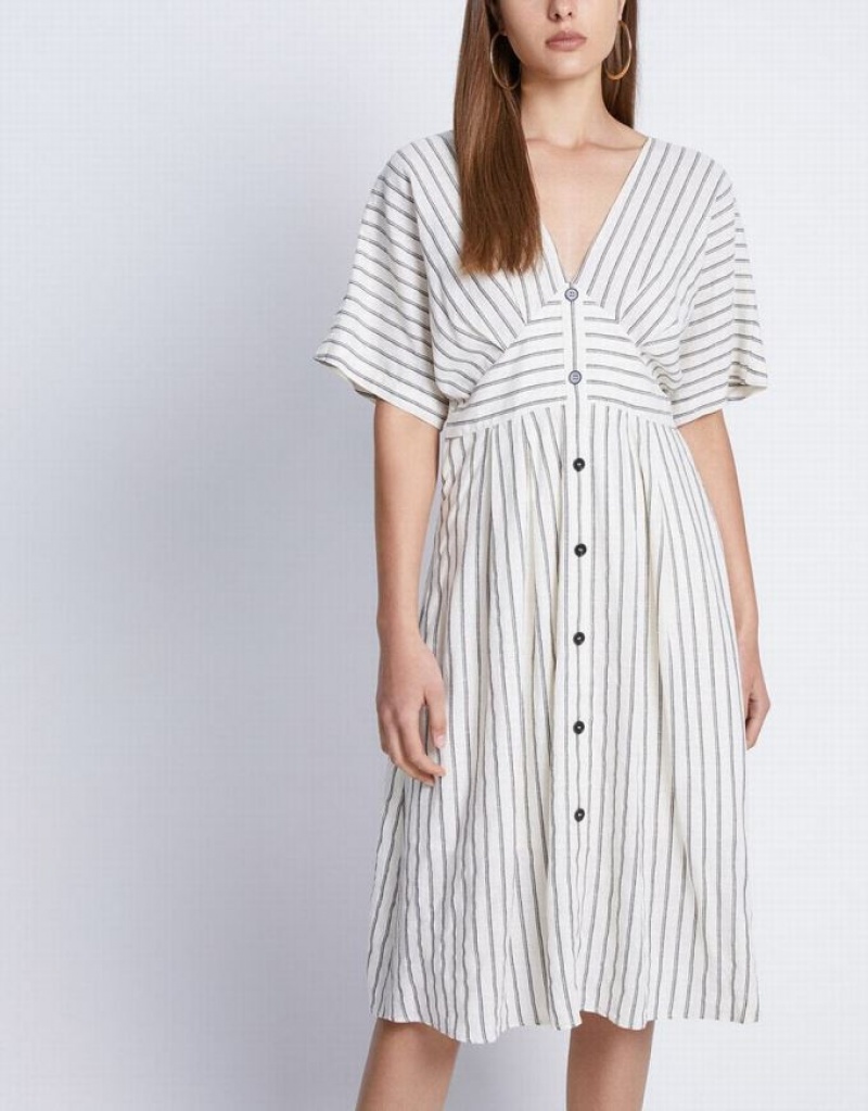 Urban Revivo Striped Button Front Midi Women's Midi Dress Khaki | QFNEYCK-23