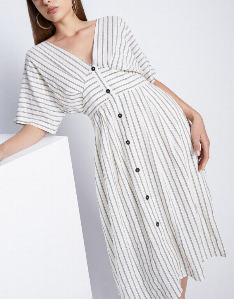 Urban Revivo Striped Button Front Midi Women's Midi Dress Khaki | QFNEYCK-23