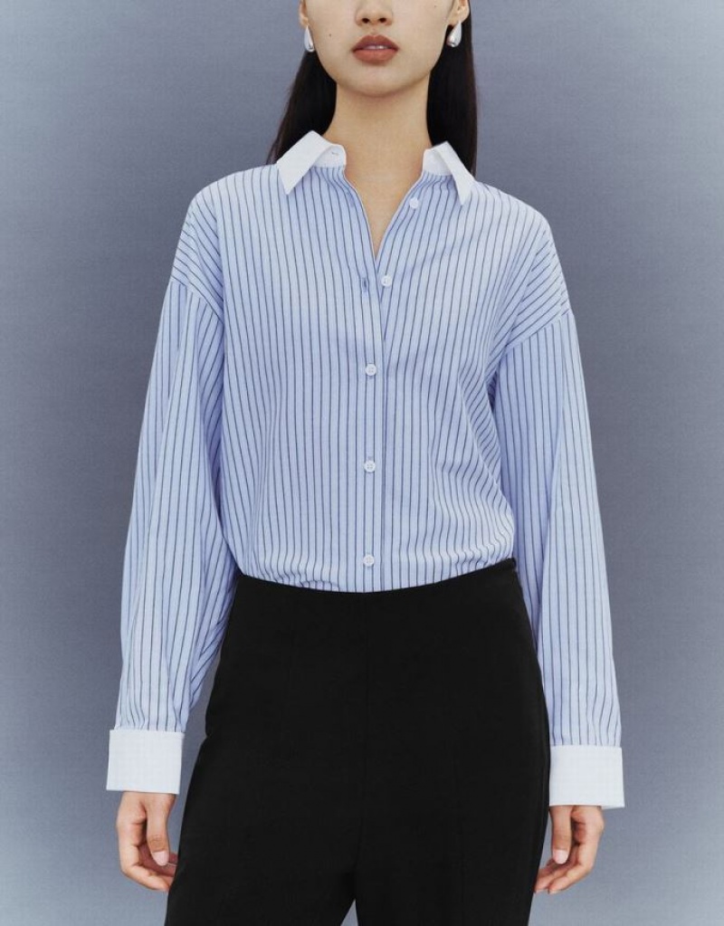 Urban Revivo Striped Button Up Lapel Women's Shirts Blue | NWDPXFA-50