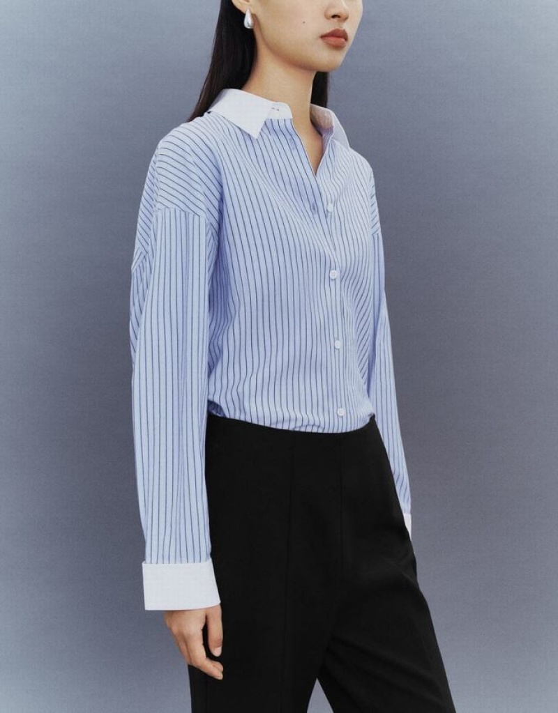 Urban Revivo Striped Button Up Lapel Women's Shirts Blue | NWDPXFA-50