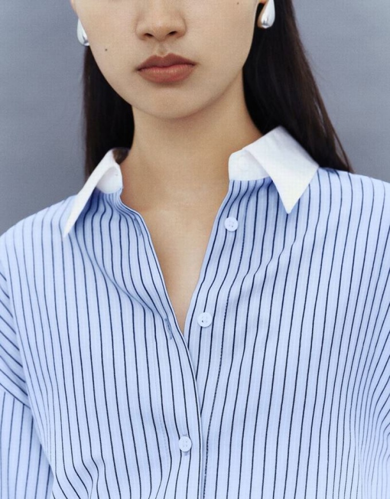 Urban Revivo Striped Button Up Lapel Women's Shirts Blue | NWDPXFA-50