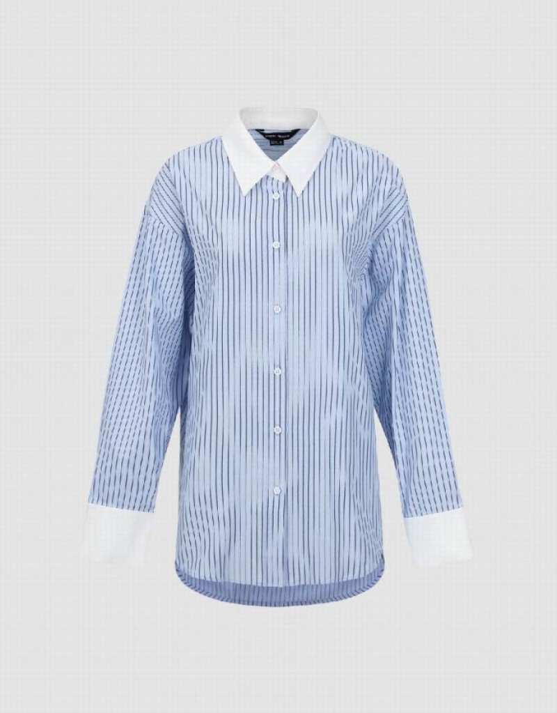 Urban Revivo Striped Button Up Lapel Women\'s Shirts Blue | NWDPXFA-50