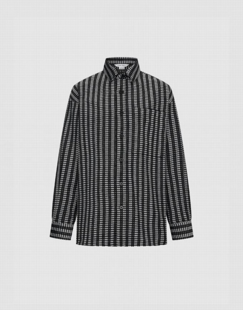 Urban Revivo Striped Button Up Oversized Men's Shirts Black | DKMQFIN-20