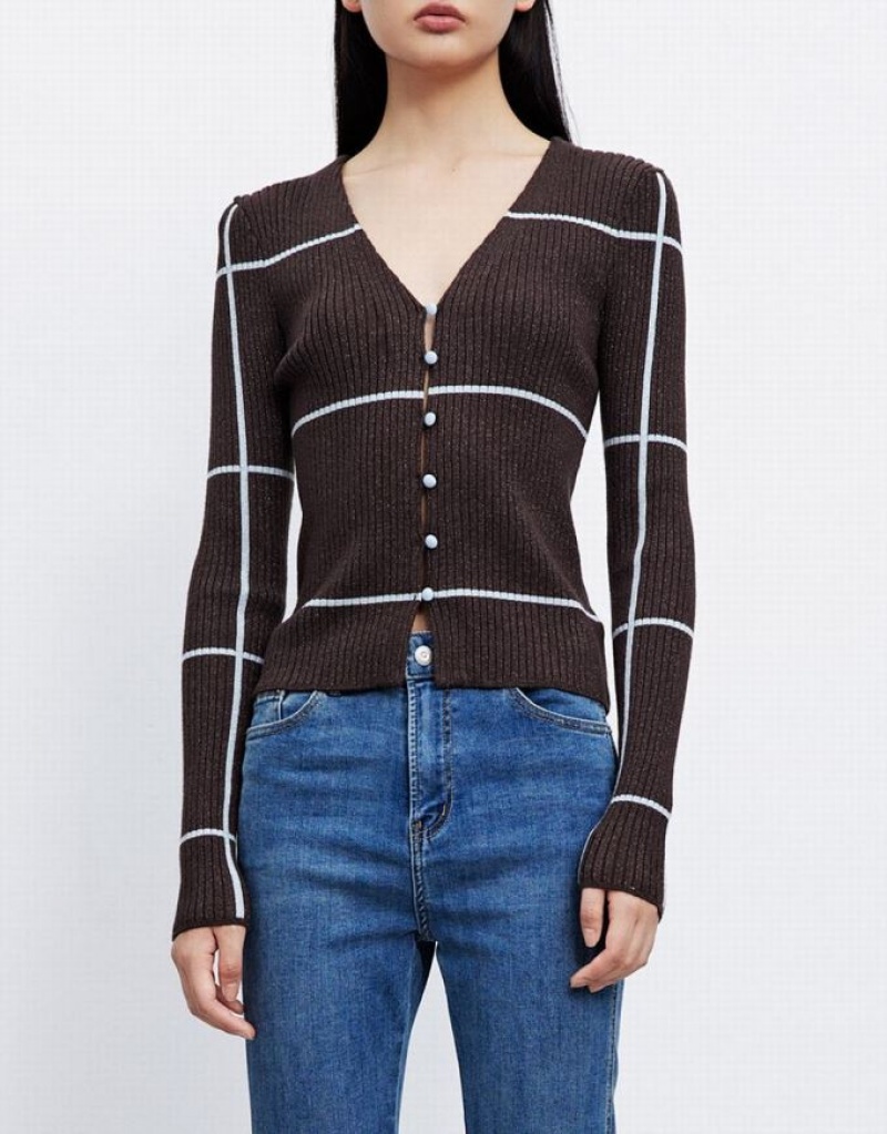 Urban Revivo Striped Button Up Women's Cardigan Brown | UTBYAZV-09