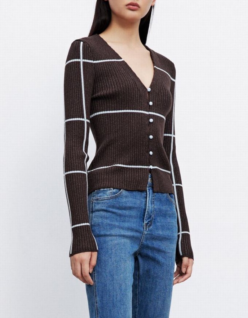 Urban Revivo Striped Button Up Women's Cardigan Brown | UTBYAZV-09