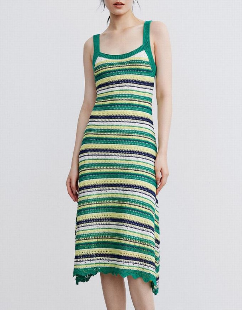 Urban Revivo Striped Cami Women's Knitted Dress Green | LRXNYKJ-39