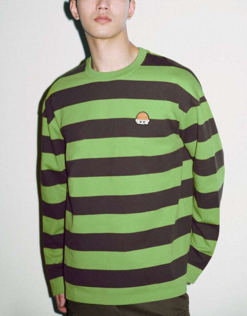 Urban Revivo Striped Crew Neck Knitted Men's T-Shirts Green | EDTYZPH-18