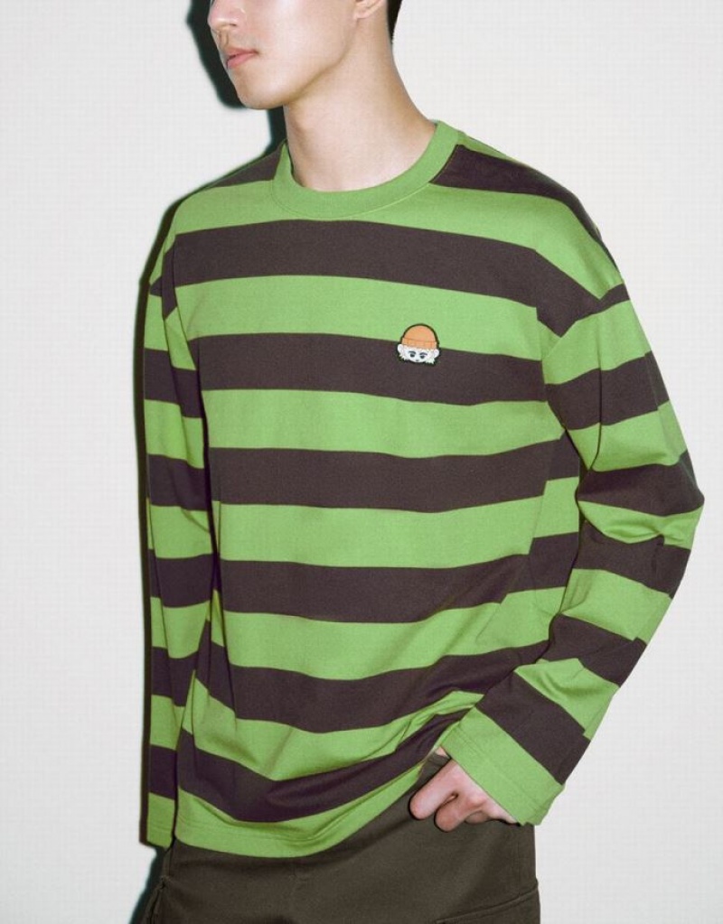 Urban Revivo Striped Crew Neck Knitted Men's T-Shirts Green | EDTYZPH-18