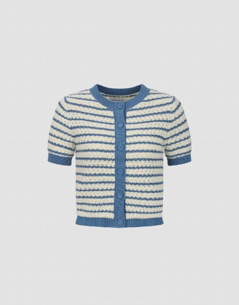 Urban Revivo Striped Crew Neck Knitted Women's Cardigan White | YIXVKSB-46