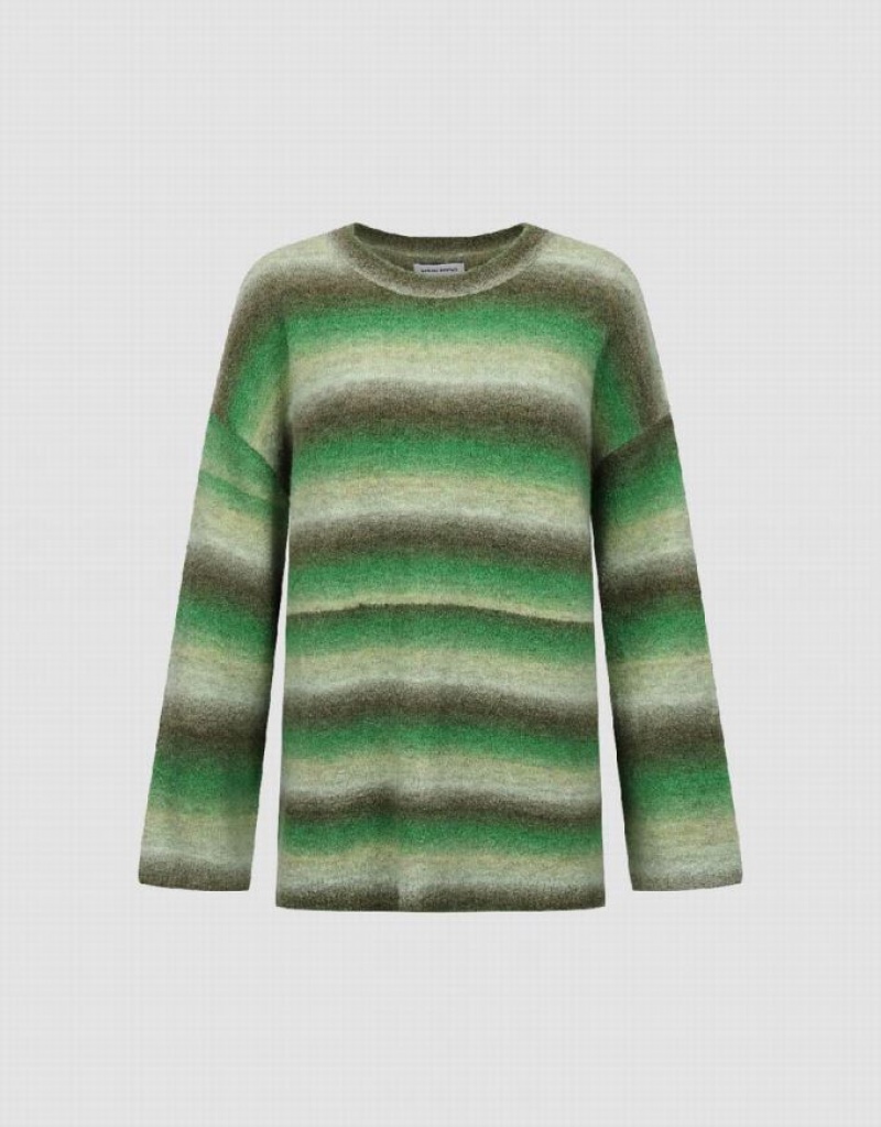 Urban Revivo Striped Crew Neck Knitted Women\'s Cardigan Green | TKZNSDW-93