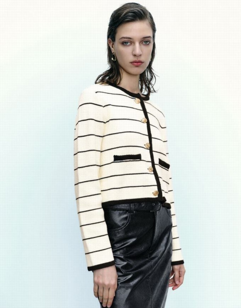 Urban Revivo Striped Crew Neck Knitted With Fake Pockets Women's Cardigan Black | NXKSVDF-39