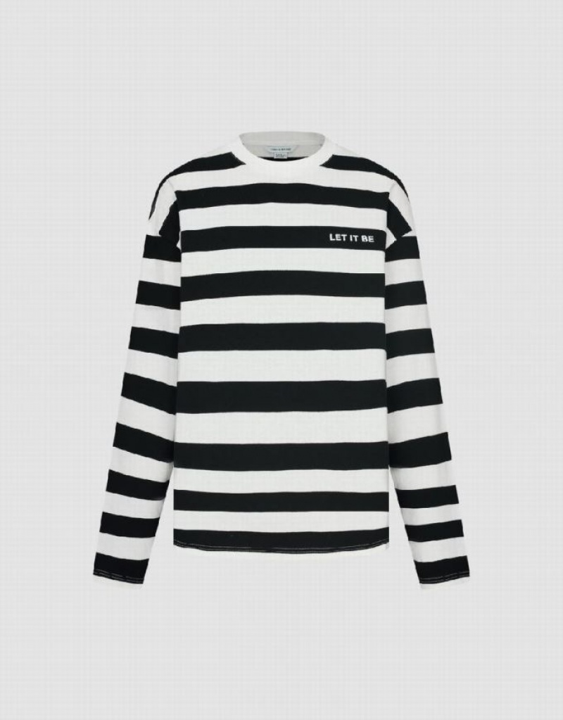 Urban Revivo Striped Crew Neck Men's T-Shirts Black | EAFNDLO-52