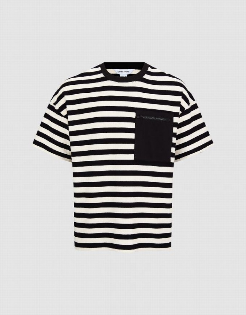 Urban Revivo Striped Crew Neck Men's T-Shirts Black | LGUXWBA-54