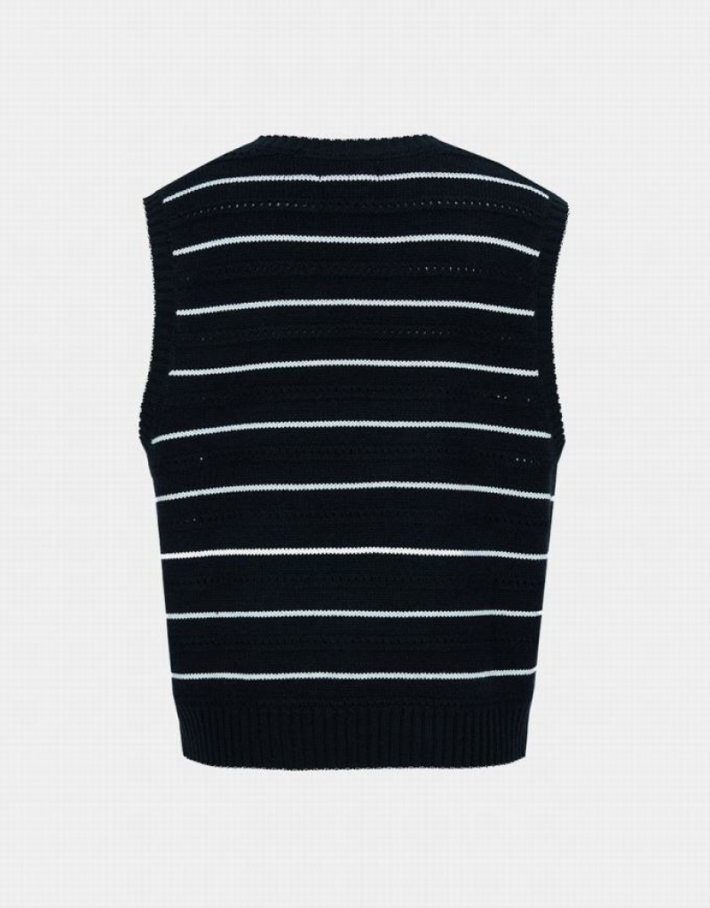 Urban Revivo Striped Crew Neck Women's Sweaters Black | EKYXFWQ-30