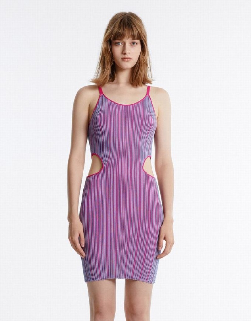 Urban Revivo Striped Cut Out Women's Knitted Dress Multicolor | NPHQXBV-35