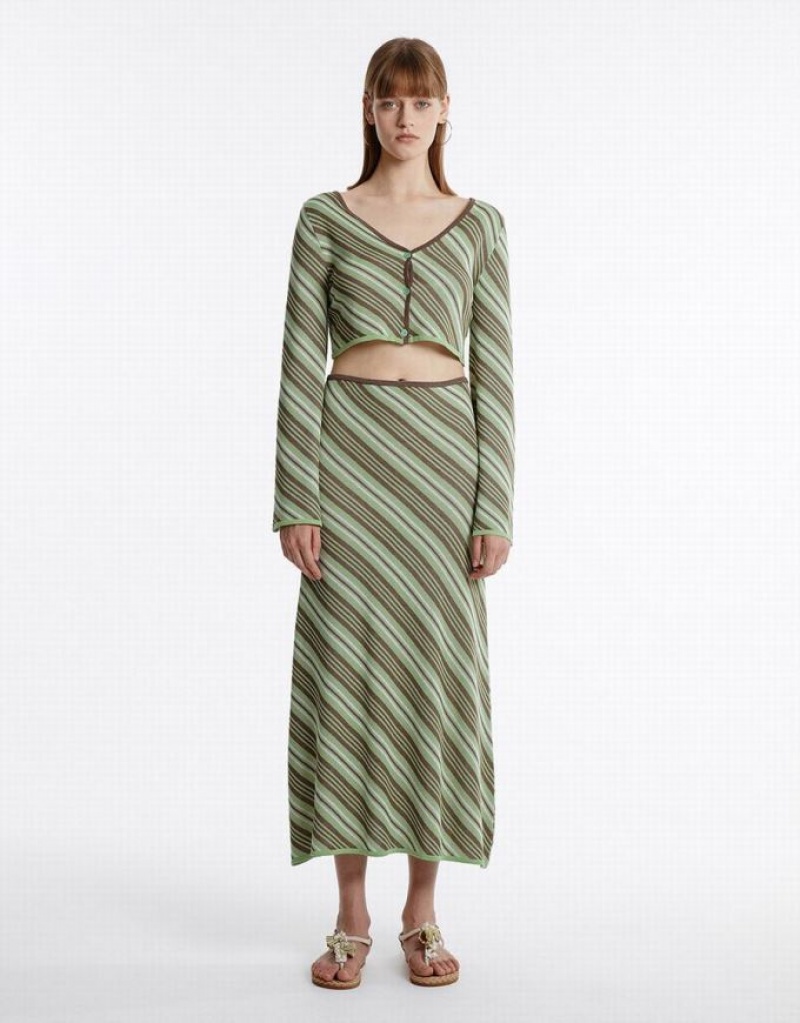 Urban Revivo Striped Knit Women's Skirts Green | OAMLVFW-08