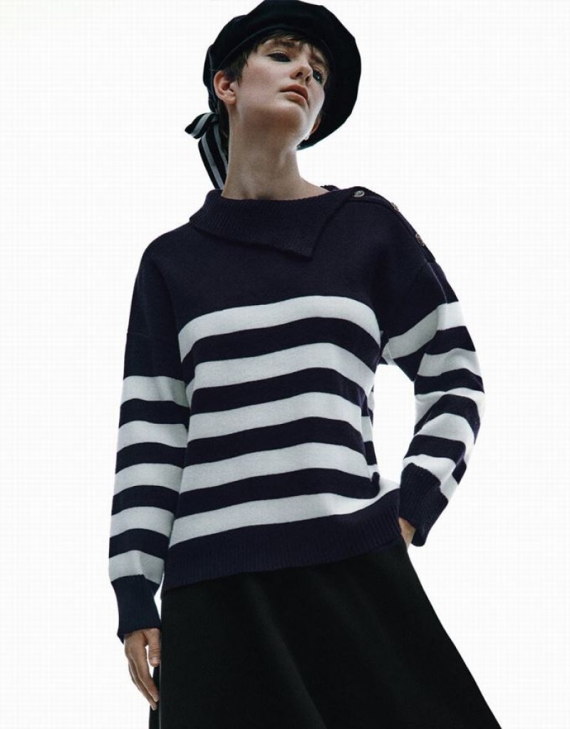 Urban Revivo Striped Knitted Women\'s Cardigan Blue | XBIRAZT-08