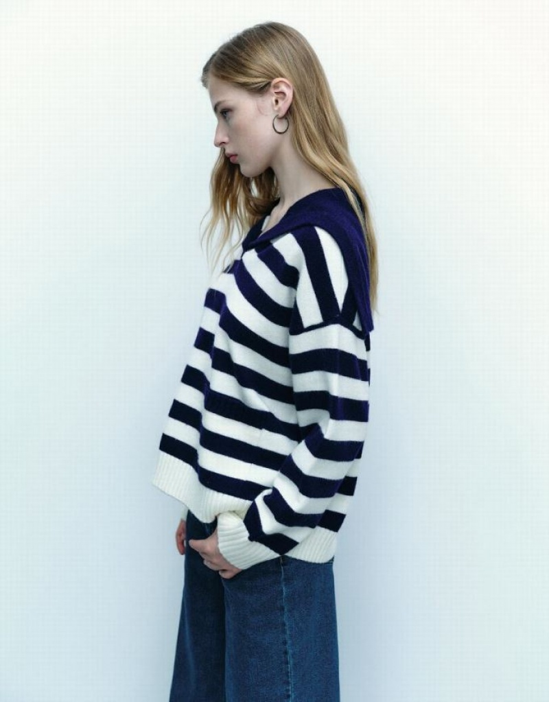 Urban Revivo Striped Lapel Knitted Women's Cardigan Blue | TDZQIJX-63