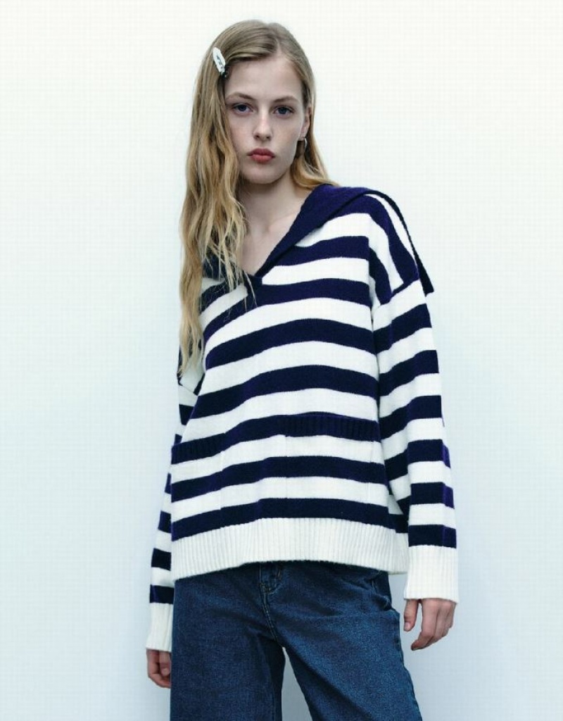 Urban Revivo Striped Lapel Knitted Women\'s Cardigan Blue | TDZQIJX-63