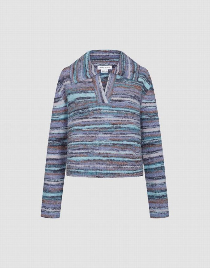 Urban Revivo Striped Lapel Knitted Women's Cardigan Blue | VSYIHNK-47