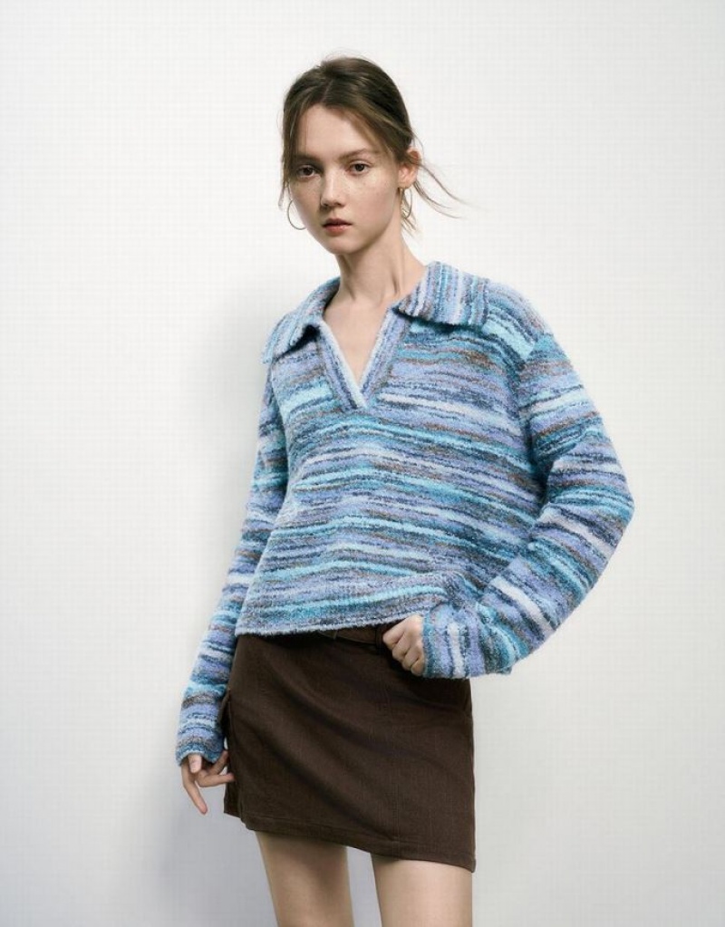 Urban Revivo Striped Lapel Knitted Women's Cardigan Blue | VSYIHNK-47