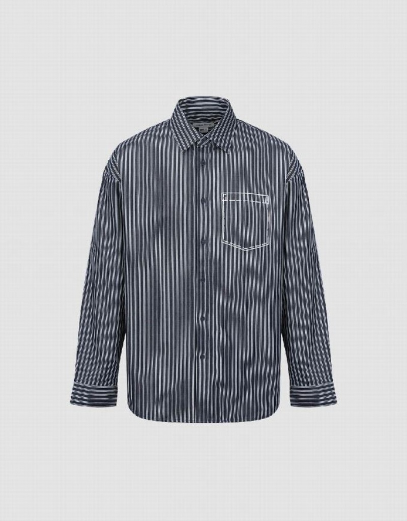 Urban Revivo Striped Loose Men's Shirts Blue | HAYPFET-91