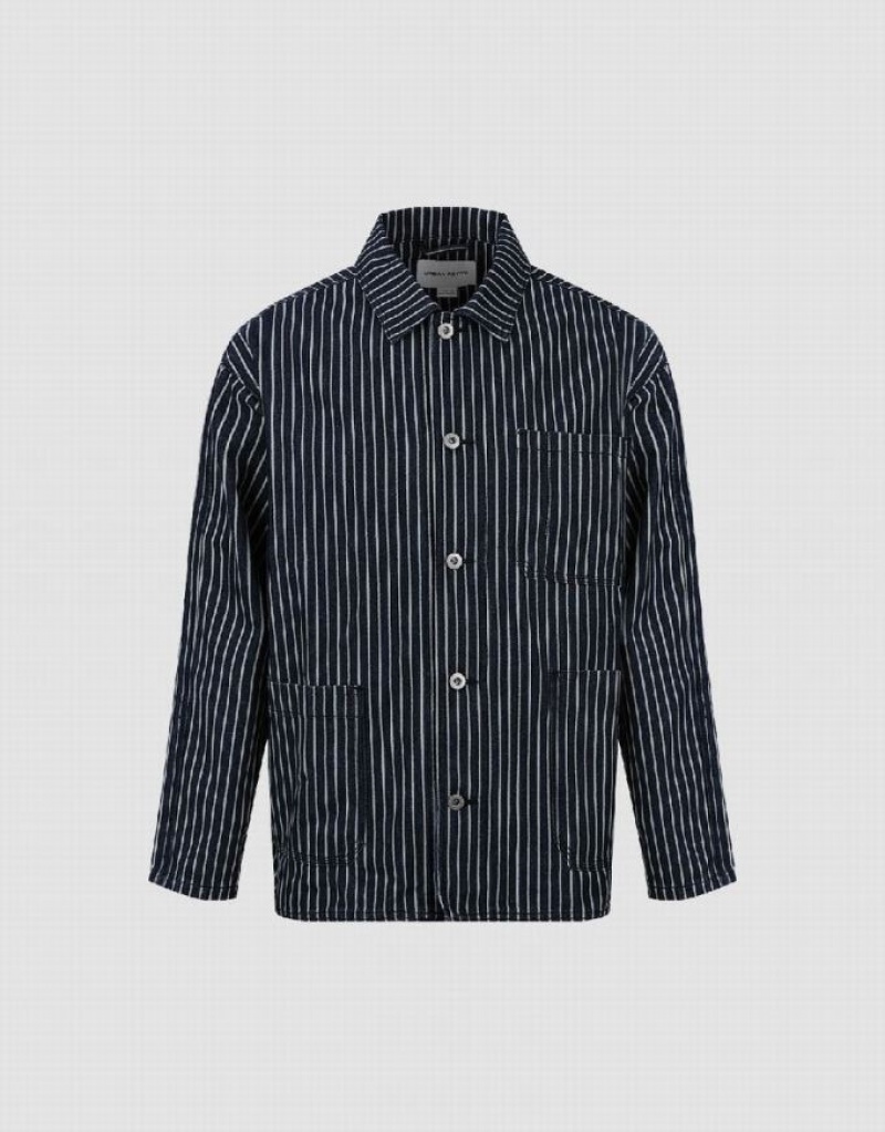 Urban Revivo Striped Men's Denim Jackets Blue | DTKMGSH-79