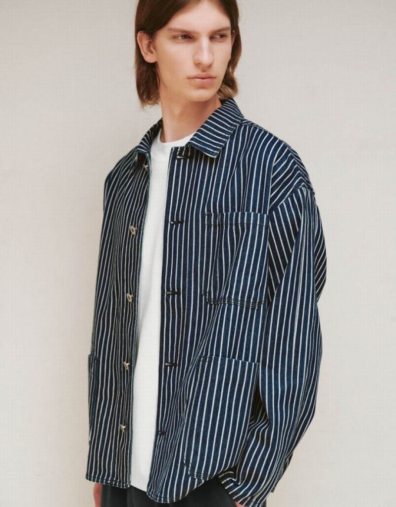 Urban Revivo Striped Men's Denim Jackets Blue | DTKMGSH-79