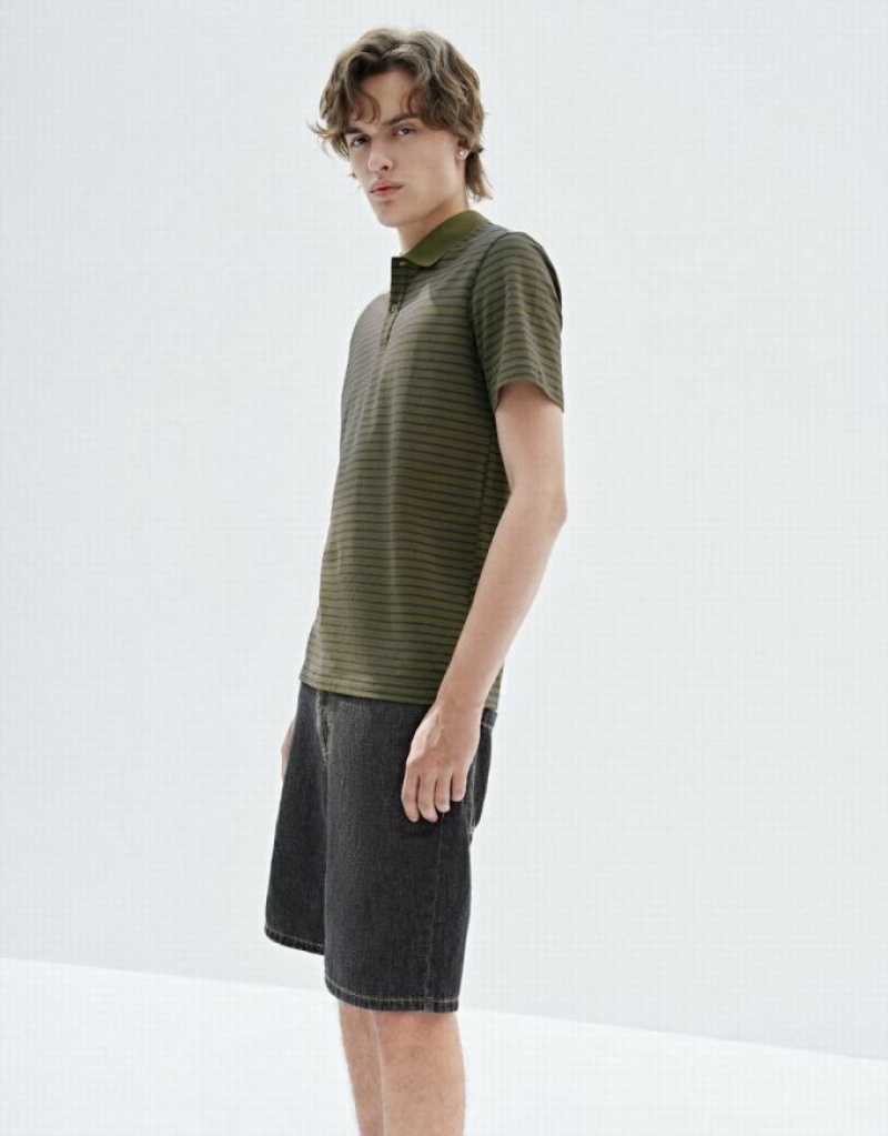 Urban Revivo Striped Men's T-Shirts Green | MOQEVAZ-35