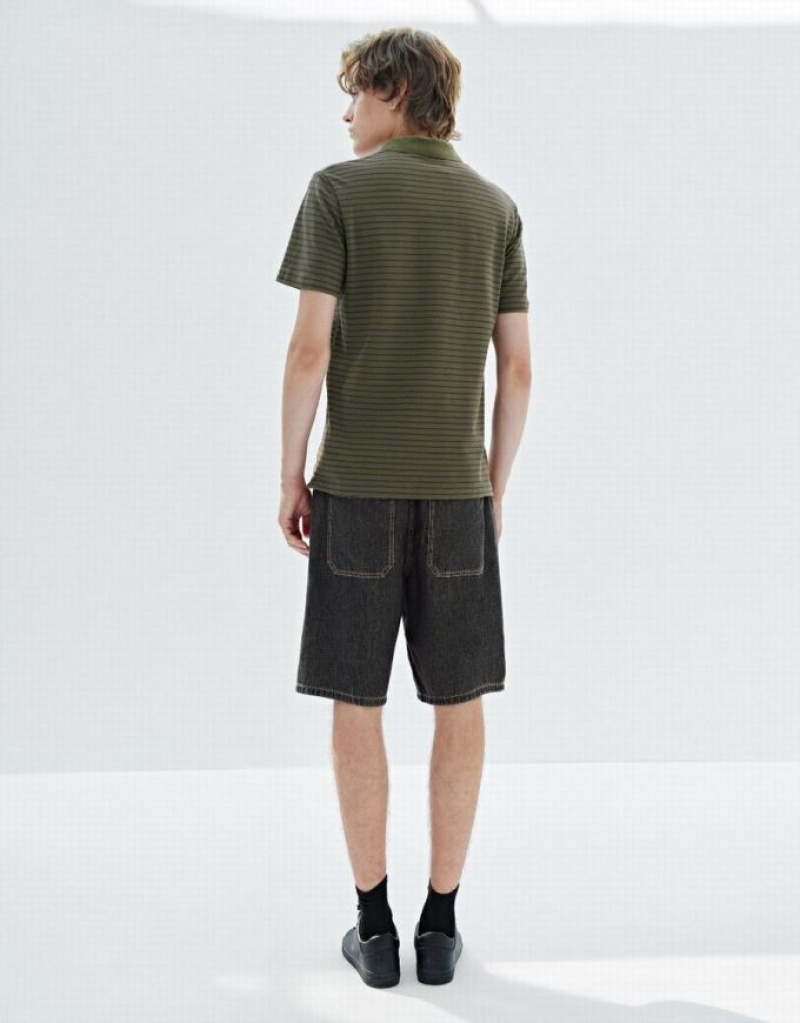 Urban Revivo Striped Men's T-Shirts Green | MOQEVAZ-35