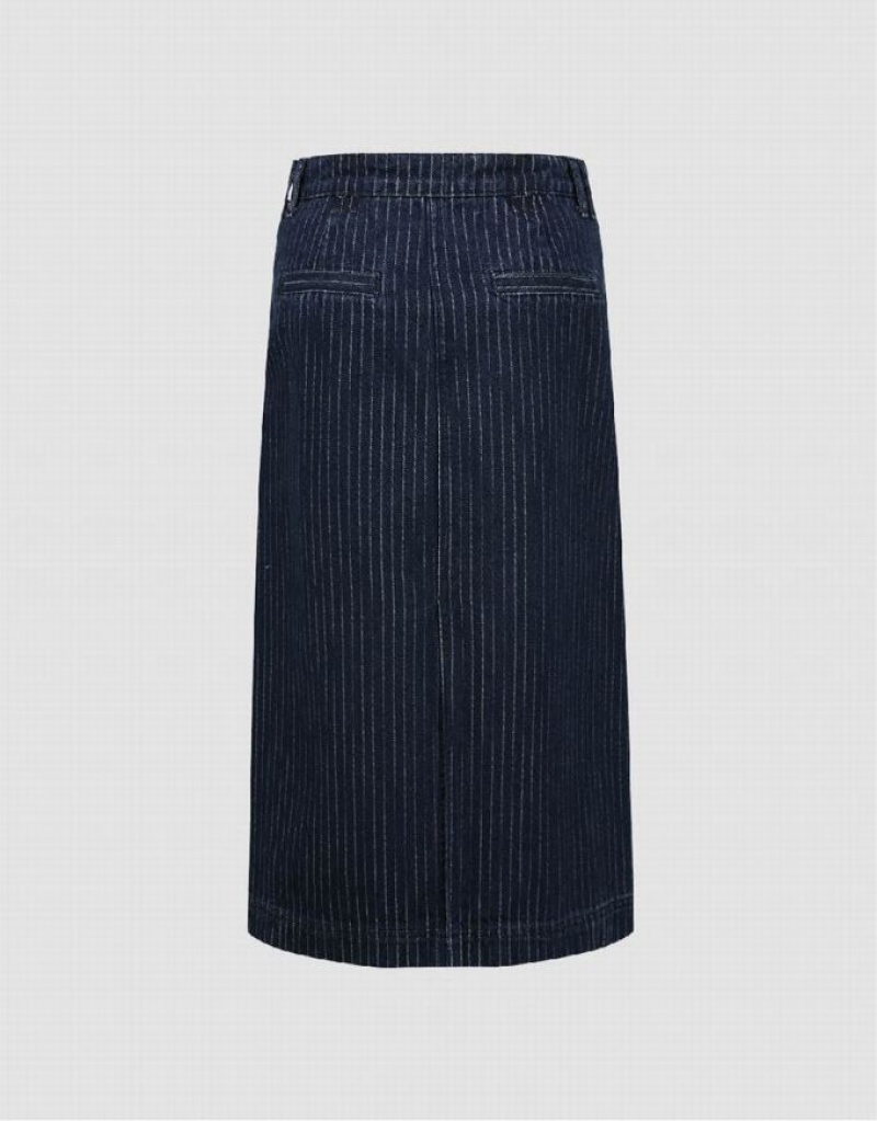 Urban Revivo Striped Midi Straight Women's Denim Skirt Blue | SKYZGIJ-07