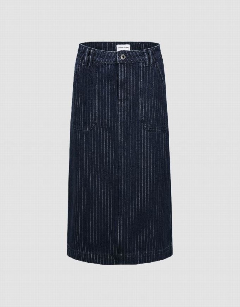 Urban Revivo Striped Midi Straight Women\'s Denim Skirt Blue | SKYZGIJ-07