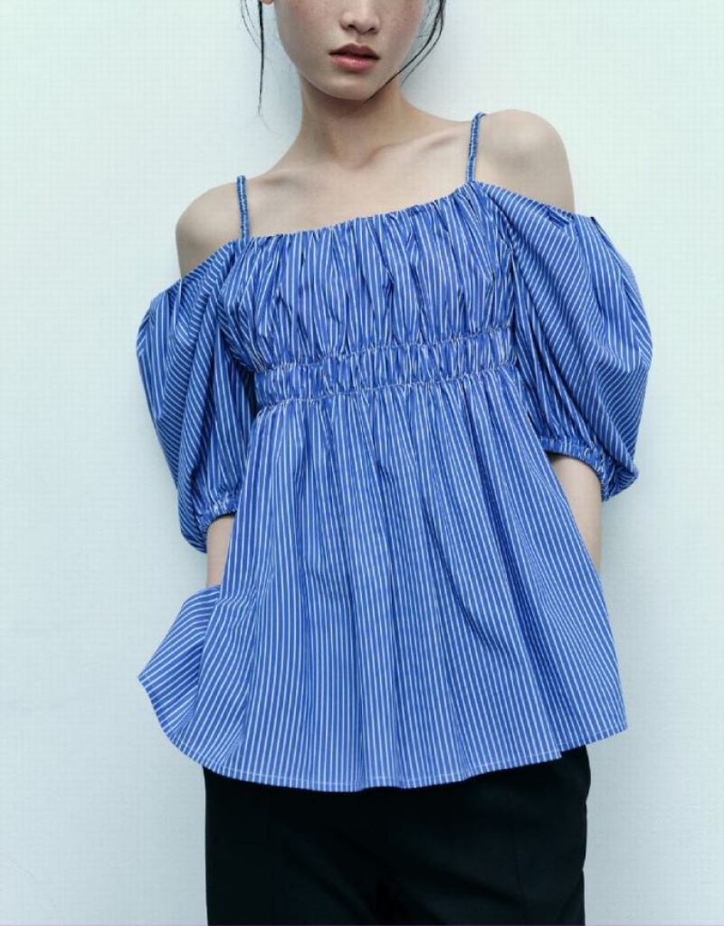 Urban Revivo Striped Off-Shoulder Women's Camisole Blue | TBAICOQ-38