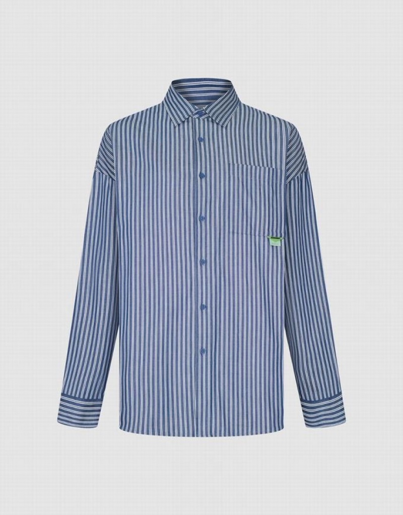 Urban Revivo Striped Oversized Men's Shirts Blue | KJTEOMR-89