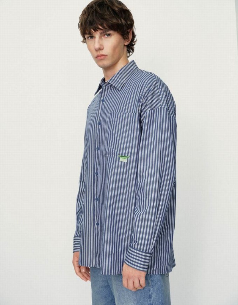 Urban Revivo Striped Oversized Men's Shirts Blue | KJTEOMR-89