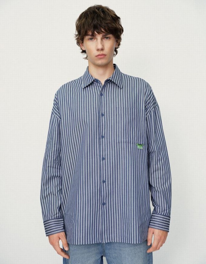 Urban Revivo Striped Oversized Men\'s Shirts Blue | KJTEOMR-89