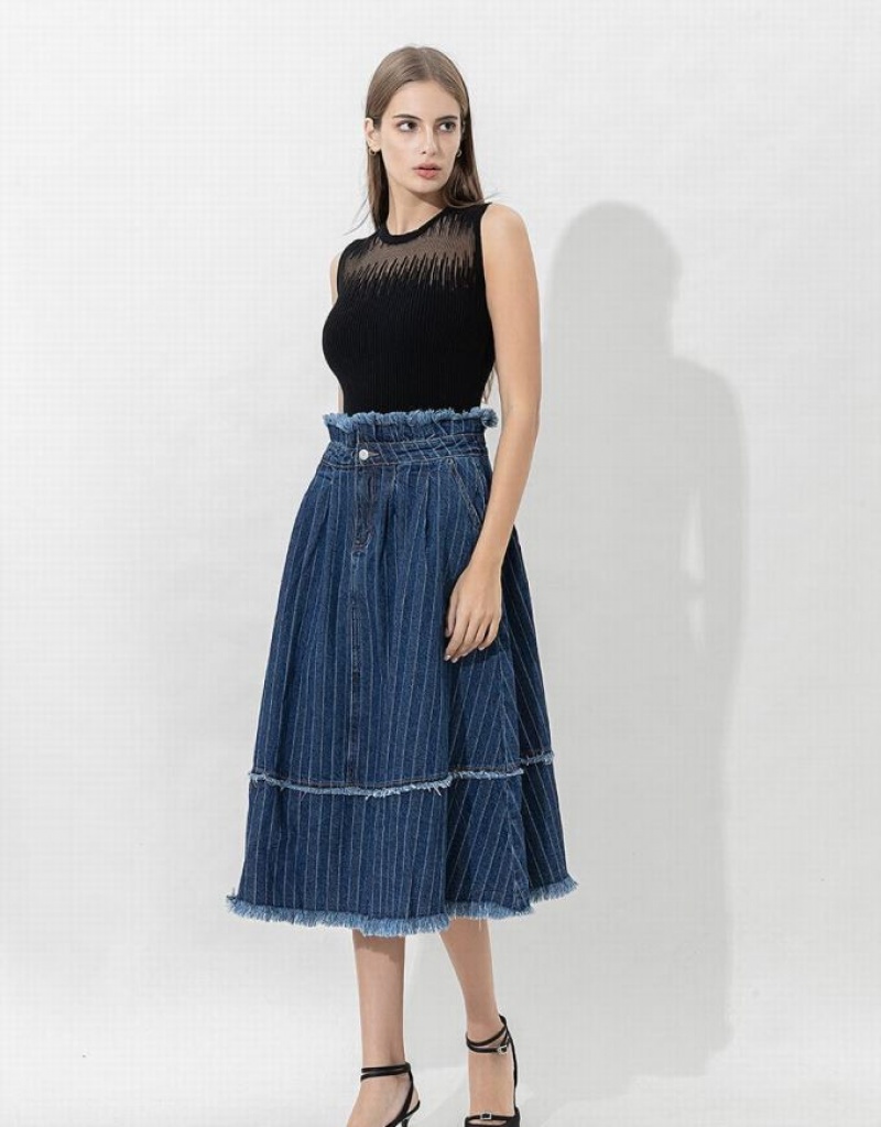 Urban Revivo Striped Raw Hem Midi A-Line Women's Denim Skirt Dark Blue | IVUACMW-98