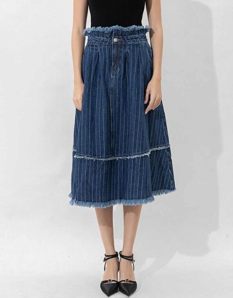 Urban Revivo Striped Raw Hem Midi A-Line Women's Denim Skirt Dark Blue | IVUACMW-98