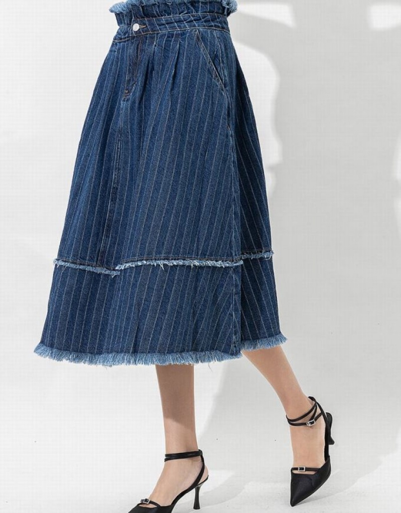 Urban Revivo Striped Raw Hem Midi A-Line Women's Denim Skirt Dark Blue | IVUACMW-98