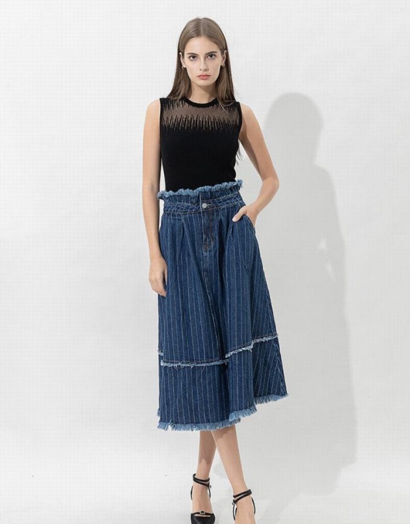 Urban Revivo Striped Raw Hem Midi A-Line Women\'s Denim Skirt Dark Blue | IVUACMW-98