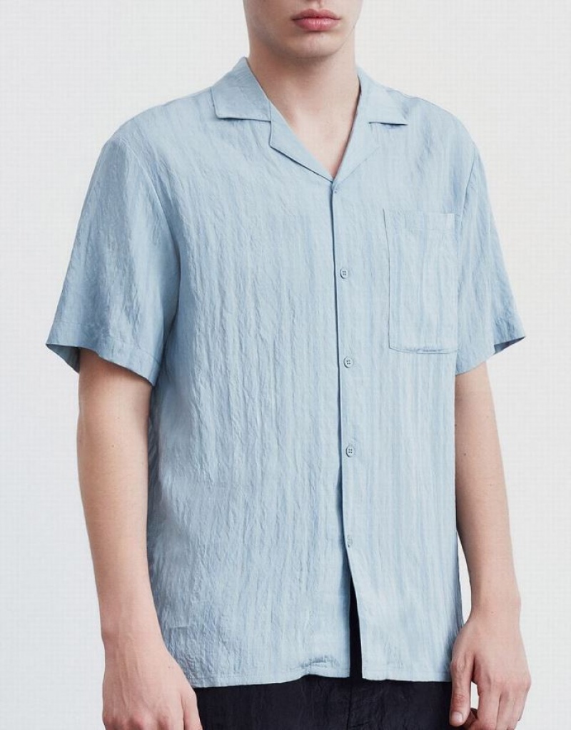 Urban Revivo Striped Short Sleeve Men's Shirts Blue | KINRSFZ-45