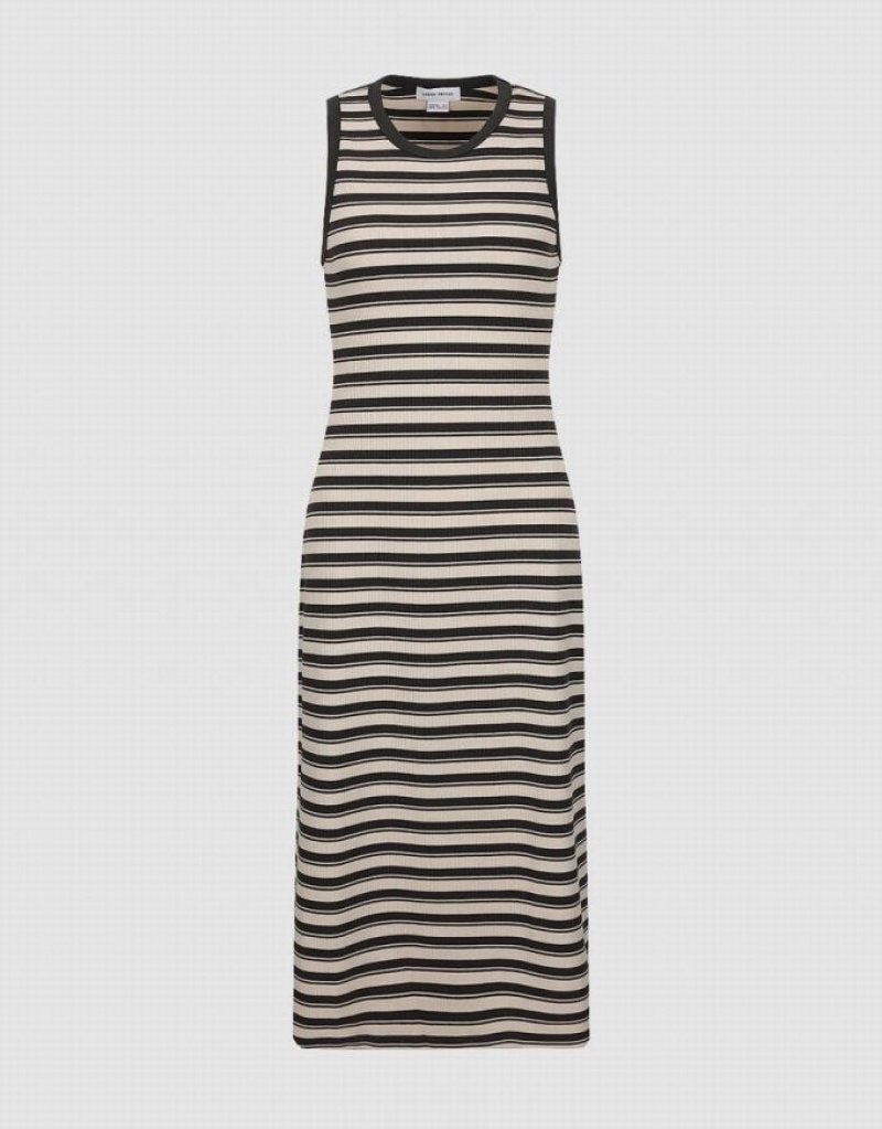 Urban Revivo Striped Sleeveless Crew Neck Straight Women's Dress Grey | HLPCEMG-64