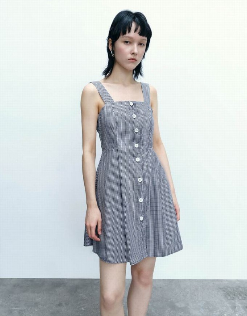 Urban Revivo Striped Sleeveless Square-Cut Collar A-Line Women's Dress Blue | XQOYSTI-17