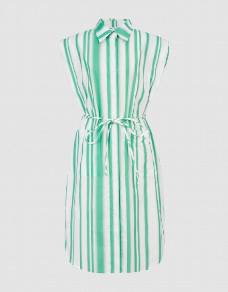 Urban Revivo Striped Sleeveless Women's Shirt Dress Green | OPJXFAD-07