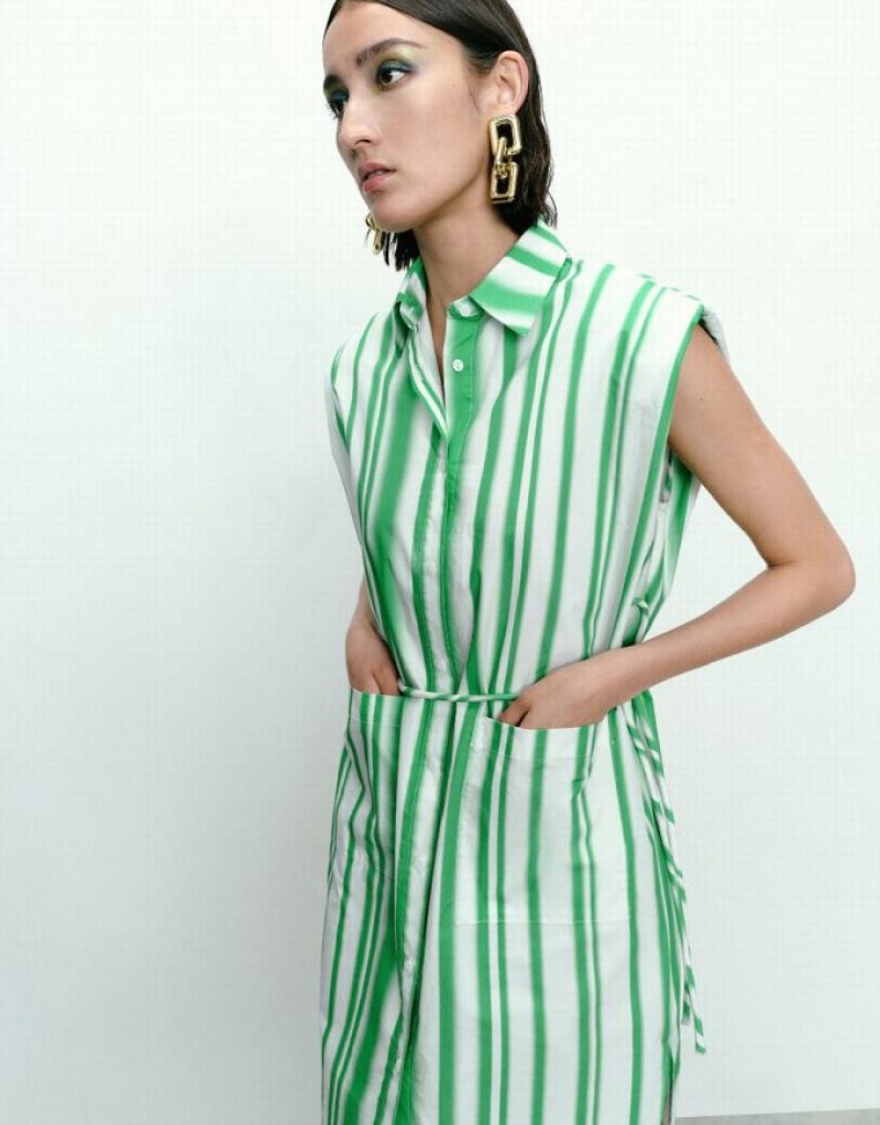 Urban Revivo Striped Sleeveless Women's Shirt Dress Green | OPJXFAD-07