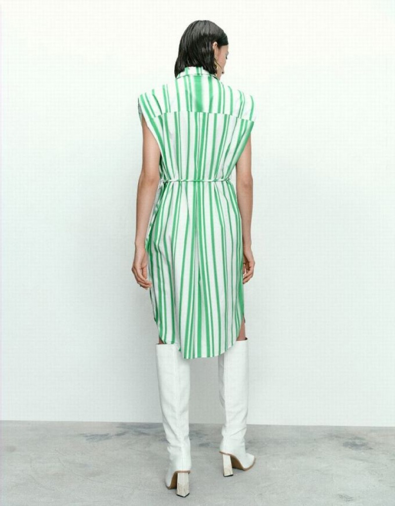 Urban Revivo Striped Sleeveless Women's Shirt Dress Green | OPJXFAD-07